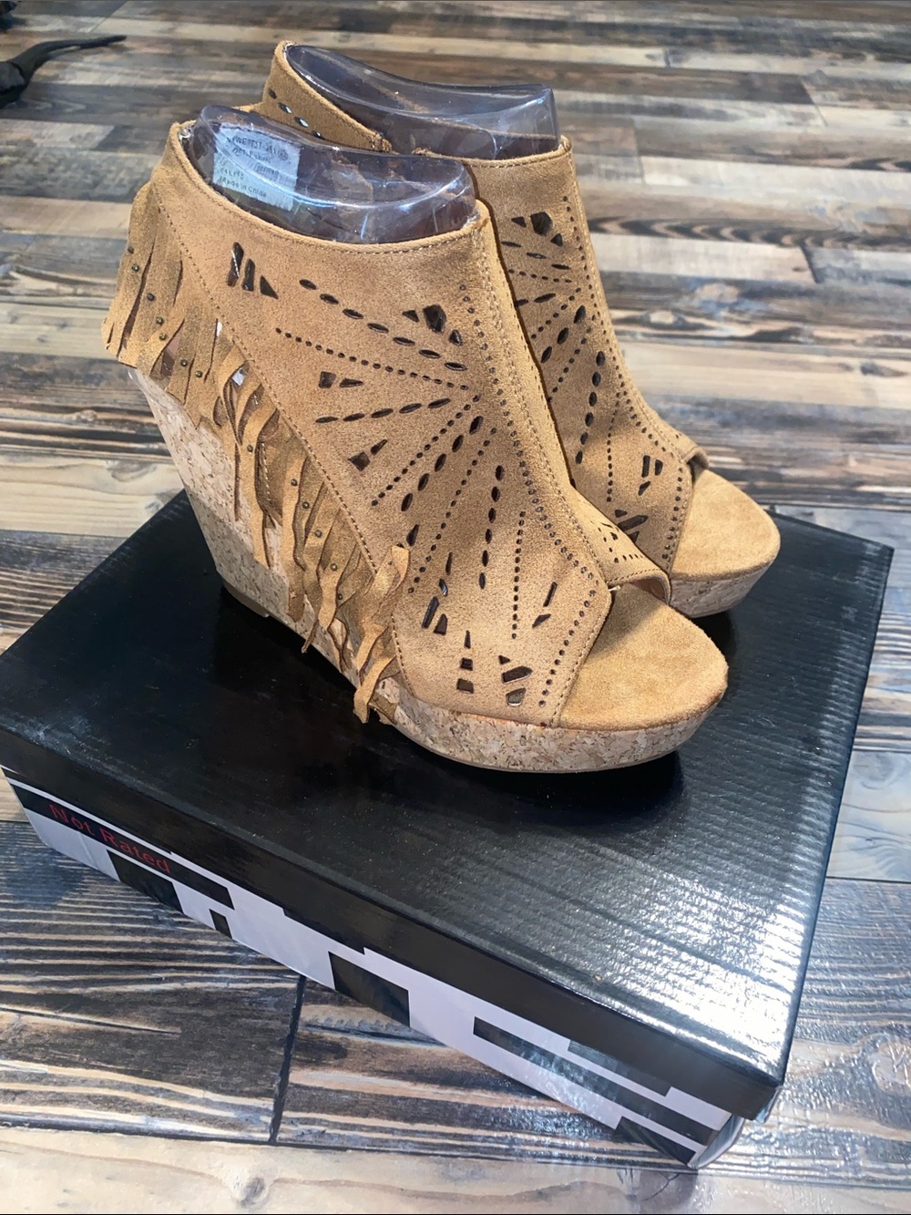 Not Rated Tan Suede Fringe Delight Laser-Cut Cork Wedge Sandals
